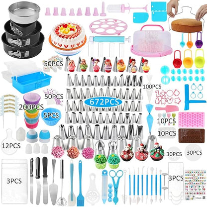 ake Decorating Kit, 672 Pcs Cake Decorating Supplies With Cake Carrier Holder Springform Pan Sets 3-Layer Toolbox Organizer Icing Piping Nozzles Cake Rotating Turntabl Baking Supplies Set Tools by Unknown
