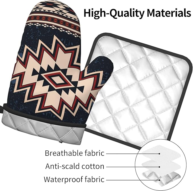 Oven Mitt and Pot Holders Sets - Boho Kitchen Mitts Decorative Tribal Oven Gloves Bohemian Hot Pads Set of 2 for Cooking BBQ Baking Grilling - Image 4