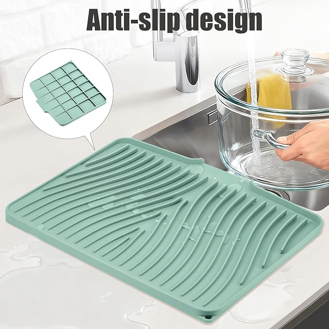 TIKNIK Silicone Dish Drying Mat, Stone Drying Mat for Kitchen Counter with Built-In Drain, Non-Slip Drain Pad with Built-in Drain, Heat Resistant Stone Drying Mat, Hangable, Mint-1pcs, 16" x 12" - Image 3