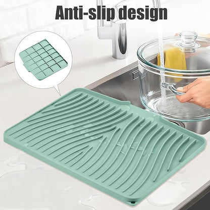 TIKNIK Silicone Dish Drying Mat, Stone Drying Mat for Kitchen Counter with Built-In Drain, Non-Slip Drain Pad with Built-in Drain, Heat Resistant Stone Drying Mat, Hangable, Mint-1pcs, 16" x 12" - Image 3
