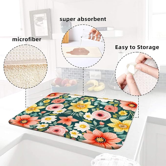 Large Blue Floral Spring Dish Drying Mat for Kitchen Counter 18x24 Microfiber Absorbent - Foldable, Non-Slip, Compact Kitchen XL Drying Mats for Dishes, Countertops, and Cookware - Image 6