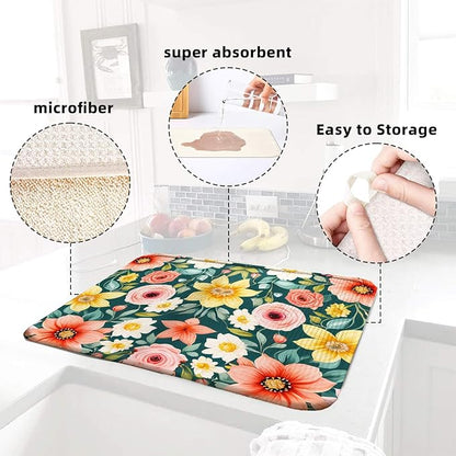 Large Blue Floral Spring Dish Drying Mat for Kitchen Counter 18x24 Microfiber Absorbent - Foldable, Non-Slip, Compact Kitchen XL Drying Mats for Dishes, Countertops, and Cookware - Image 6