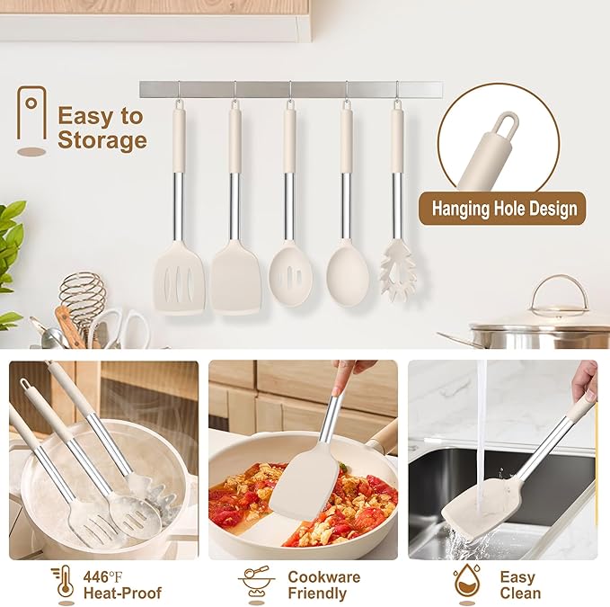TeamFar Cooking Utensils Set, 5 PCS Silicone Kitchen Utensils with Stainless Steel Handle for Nonstick Cookware Turning Flipping Frying Draining, Heatproof & Healthy, Nonstick & Easy Clean, Khaki - Image 6