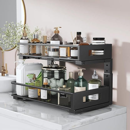 1 Pack 19IN Depth Under Sink Organizer, 2-Tier Pull Out Cabinet Organizer With Smooth Circular Rail, Large Capacity Metal Mesh Sliding Drawers For Bathroom& Kitchen Storage,Height Adjustable-Black