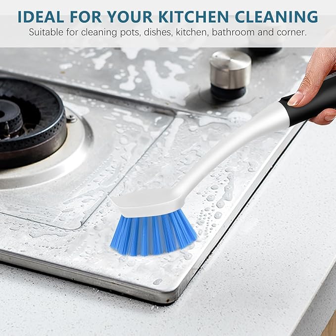 SetSail Dish Brush Set of 3 with Bottle Brush, Dish Scrub Brush with Long Handle Deep Cleaning Handle Brush with Scraper Tip for Kitchen Sink Dishes Bottle Cup Pot and Pans Tile Lines, Black Blue - Image 3