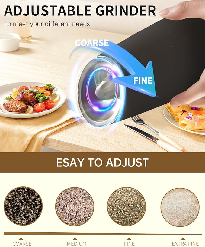 CIRCLE JOY Rechargeable Electric Salt and Pepper Grinder Set Gravity Salt and Pepper Mills Set with LED Light, No Battery Needed, Adjustable Coarseness, Washable 135ml Container, Black - Image 4