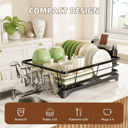 Simple Trending Dish Drying Rack for Kitchen Counter, Rust-Resistant Dish Rack, Large Dish Drainer Organizer with Cutlery Holder & Cup Holders, Black - Image 3