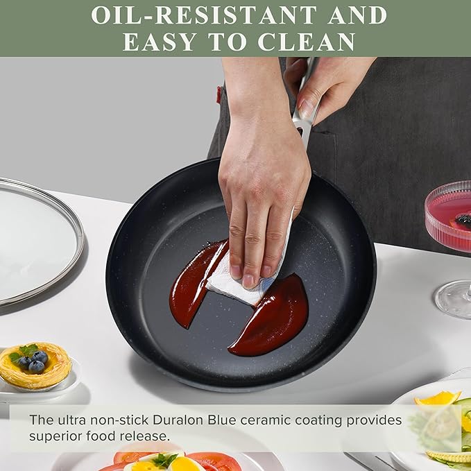 Nuwave Healthy Duralon Blue Ceramic Nonstick Cookware Set, Diamond Infused Scratch-Resistant, PFAS Free, Dishwasher & Oven Safe, Induction Ready & Evenly Heats, Tempered Glass Lids & Stay-Cool Handles - Image 8