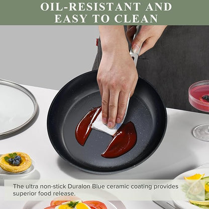 Nuwave Healthy Duralon Blue Ceramic Nonstick Cookware Set, Diamond Infused Scratch-Resistant, PFAS Free, Dishwasher & Oven Safe, Induction Ready & Evenly Heats, Tempered Glass Lids & Stay-Cool Handles - Image 8