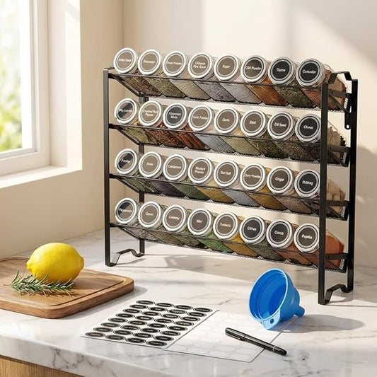 Simple Trending Spice Rack Organizer with 32 Empty Spice Jars, 64 Spice Labels, Chalk Marker and Funnel Set for Cabinet, Countertop, Kitchen, Pantry or Wall Mount, Black by SimpleTrending