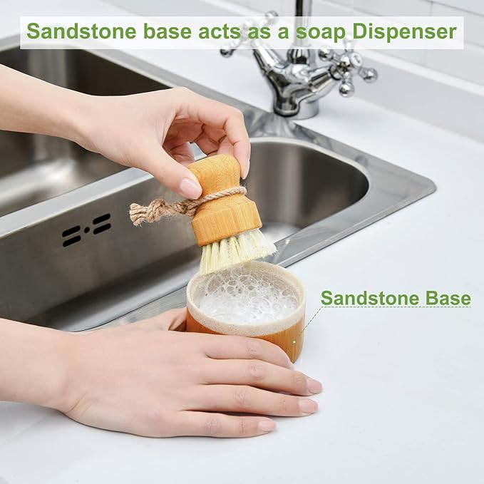 SUBEKYU Bamboo Dish Brush Set with Soap Holder, Wooden Dish Scrubber with Soap Dispenser, Natural Kitchen Scrub Brush, Washing Pot/Pans/Cast Iron, 2 Pack, Sisal + Coconut Palm Bristles - Image 5