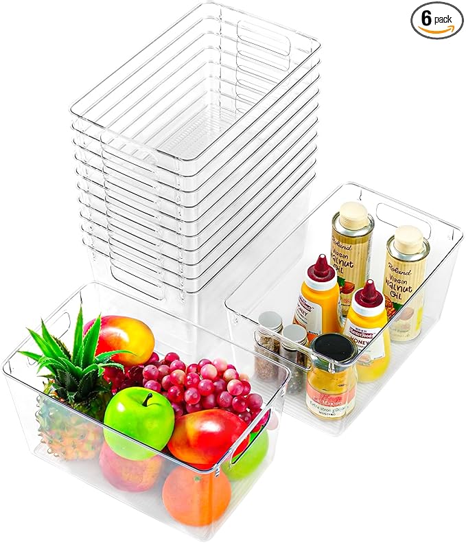 Freebat 12 Pack Large Clear Plastic Storage Bins,Plastic Containers with Handle for Pantry Organizer and Storage,Perfect for Kitchen,Fridge,Cabinet, Closet,Bathroom Under Sink Storage by Freebat