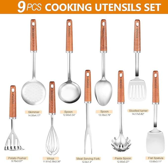 9PCS 18/8 Stainless Steel Kitchen Utensils Set, Heavy Duty Wooden Handle Cooking Utensils, Metal Cookware Utensils with Spatula, Ladle, Skimmer, Spaghetti Spoon and Potato Masher, Easy to Clean