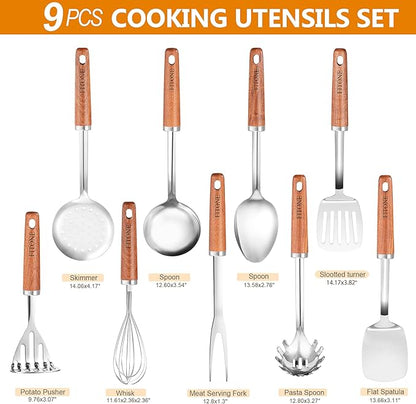9PCS 18/8 Stainless Steel Kitchen Utensils Set, Heavy Duty Wooden Handle Cooking Utensils, Metal Cookware Utensils with Spatula, Ladle, Skimmer, Spaghetti Spoon and Potato Masher, Easy to Clean