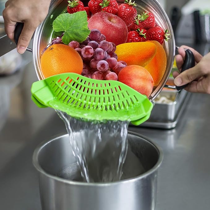 Clip On Strainer Silicone Pots and Pans, AUOON Pasta Strainer Clip on Food Strainer for Meat Vegetables Fruit Silicone Kitchen Colander, Green - Image 3