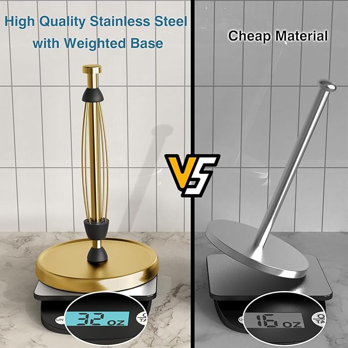 Paper Towel Holder Countertop, Gold Kitchen Accessories Decor, Stainless Steel, Weighted Base, Gold, Paper Towel Roll Holder Stand with Ratchet Mechanism for Kitchen Bathroom Farmhouse Essentials - Image 5