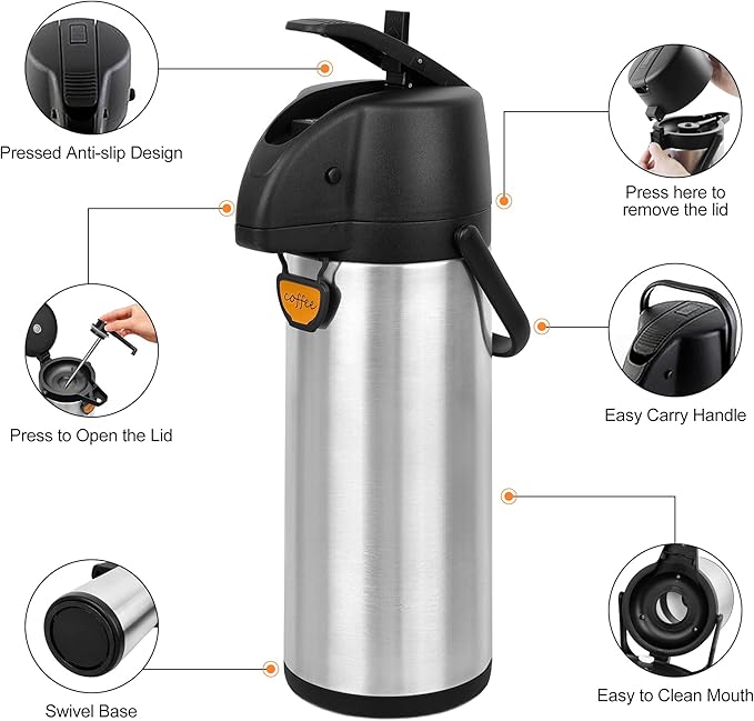 TOMAKEIT Airpot Coffee Dispenser Thermal with Pump,3L/102 Oz Insulated Stainless Steel Large Airpot Coffee Carafe Lever Action for Hot/Cold Water,Thermal Carafe for Hot Cocoa for Parties - Image 3