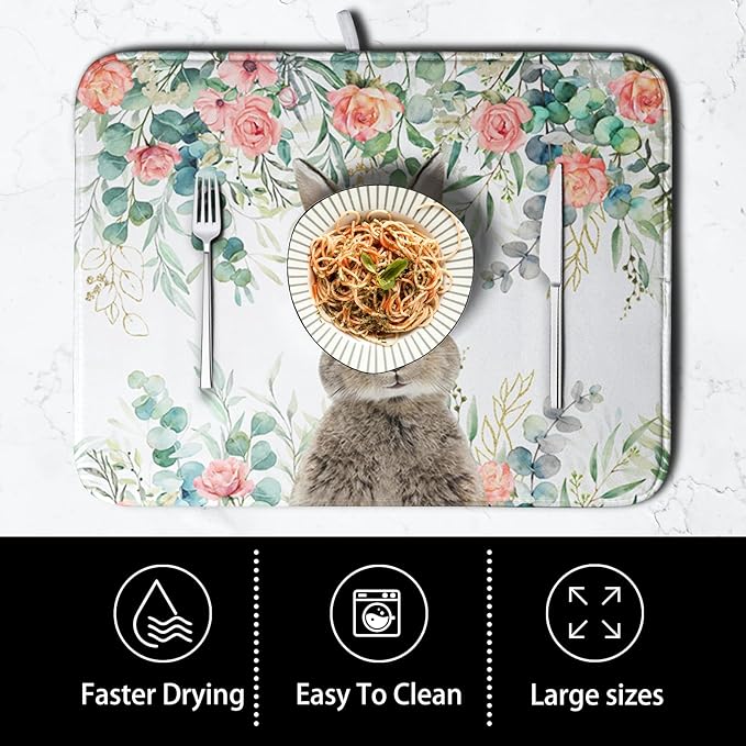 Easter Rabbit Dish Drying Mats for Kitchen Counter Easter Spring Watercolor Floral Bunny Absorbent Dish Drying Mat 18x24 Inch Absorbent Reversible Reusable Washable Dishes Drainer Mats - Image 4