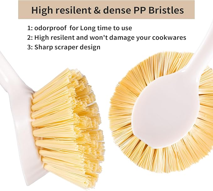 Kitchen Dish & Cast Iron Brush with Scraper, [2 Pack] Skillet Scrub Cleaner with Handle, Kitchen Cleaning Scrubber for Dishes, Pots, Cast Iron Skillet, Non-Stick Frying Pans, Sinks and House Cleaning - Image 5
