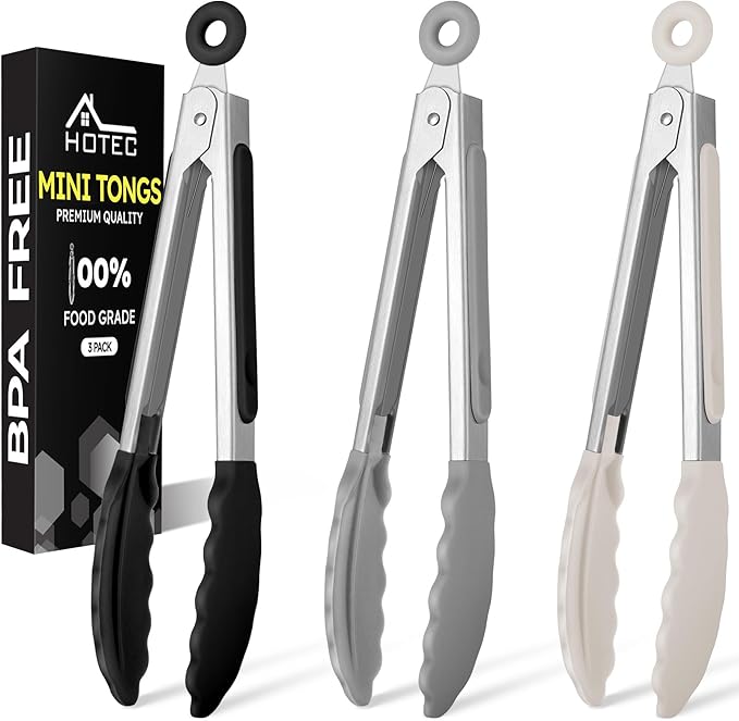 Hotec 7-Inch Mini Silicone Kitchen Tongs, Heat Resistant Non-Stick Small Serving Tongs with Silicone Tips, Food Safe Cooking Tongs Set of 3 (Black, Grey, White) by Hotec