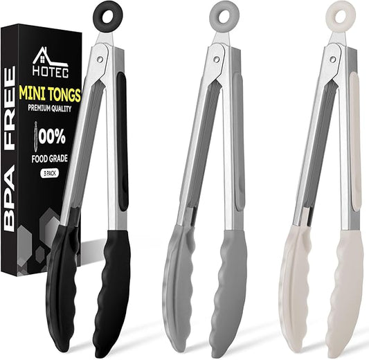 Hotec 7-Inch Mini Silicone Kitchen Tongs, Heat Resistant Non-Stick Small Serving Tongs with Silicone Tips, Food Safe Cooking Tongs Set of 3 (Black, Grey, White) by Hotec