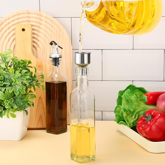 Hushee 12 Pcs Clear Glass Olive Oil Dispenser Bottles Sets Include 8oz Glass Bottle with Spout Oil Vinegar Cruet Container for Kitchen Stainless Steel Funnel Black Labels with White Pen(Silver) - Image 5