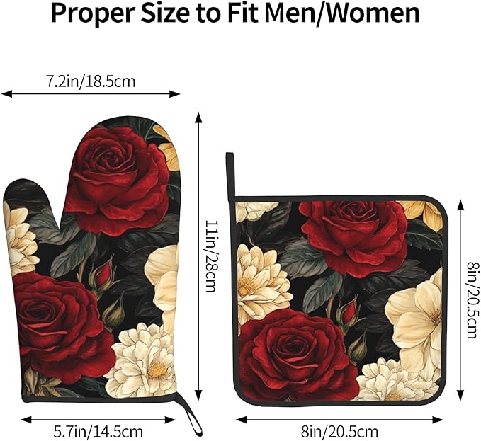 Boho Oven Mitts and Pot Holders Sets Vintage Peony Flowers Kitchen Mitts Potholders 2PCS Floral Oven Gloves Hot Pads for Kitchen Baking Cooking - Image 3