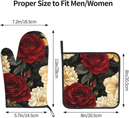 Boho Oven Mitts and Pot Holders Sets Vintage Peony Flowers Kitchen Mitts Potholders 2PCS Floral Oven Gloves Hot Pads for Kitchen Baking Cooking - Image 3