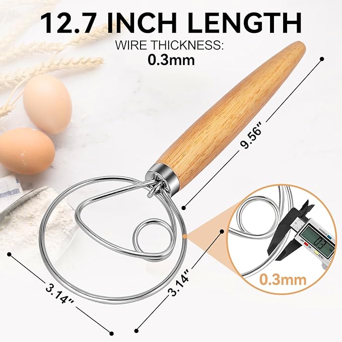 TEEVEA Danish Dough Whisk for Bread Sourdough, Wooden Handle & Stainless Steel Hook - Image 2