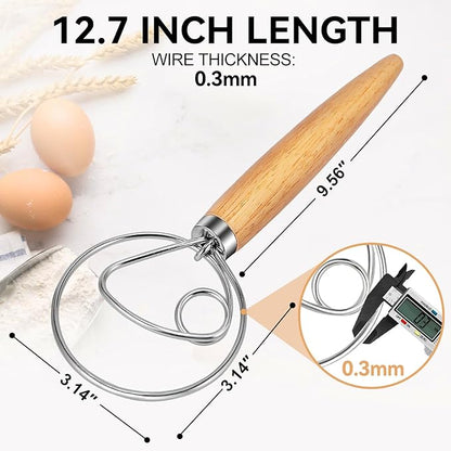 TEEVEA Danish Dough Whisk for Bread Sourdough, Wooden Handle & Stainless Steel Hook - Image 2