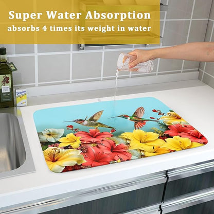 Kawani Spring Summer Hummingbirds Floral Dish Drying Mat for Kitchen Counter 18x24 In Spring Hibiscus Tropical Drying Mat Fast Dry Absorbent Microfiber Dish Drainer Rack Pad Mat for Countertop Decor