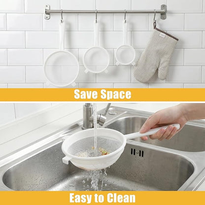 3PCS Plastic Nylon Strainer Set, 3 Sizes Ultra Fine Mesh Strainer for Juicing Kefir Grains Yogurt and More, Food-Grade Nylon Mesh Colander with Handle for DIY Crafts Baking Stuff
