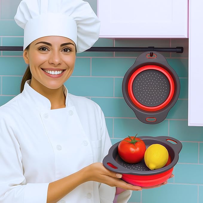 Red Round Silicone Collapsible Colander – Silicone Round Kitchen Strainers with Plastic Handles Foldable Kitchen Strainer Small Perfect for Draining Pasta Vegetable and Fruit - Image 9