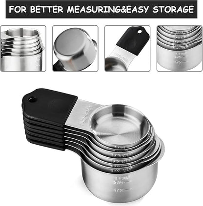 Magnetic Measuring Cups and Spoons Set, N52 Magnetic spoons Nesting Design, 304 Stainless Steel measuring cups, BPA Free, Dual-sided Design Set of 15 with Leveler for Dry & Liquid Ingredients Black