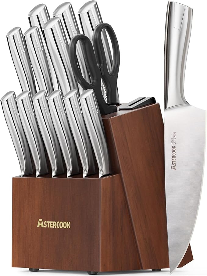 Astercook Knife Set, Kitchen Knives Set with Block and Sharpener Full Tang 15 Pcs Premium Stainless Steel Knives, Dishwasher Safe Knife Set with Anti-slip Ergonomic Handle, Walnut, Mothers Day Gifts by Astercook