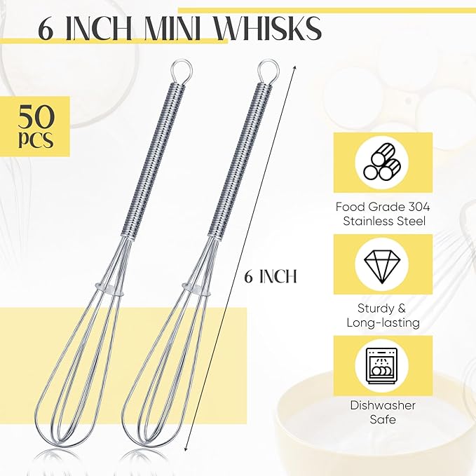 Baderke 50 Pcs Mini Whisk Bulk Small Whisks for Cooking 304 Stainless Steel Tiny Whisk for Baking, Whipping, Beating Eggs, Mixing Sauces, Blending Ingredients (6 Inch) - Image 2