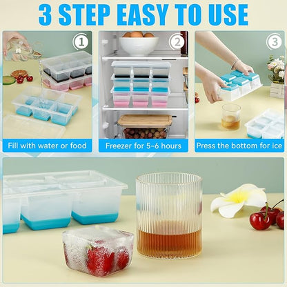 Ice Cube Trays 2 Pack, JRISBO Large Silicone Ice Cube Molds with Leak-Proof Lid, TPE Frame & Easy Release Bottom, Stackable Freezer Ice Trays for Whiskey, Cocktails, Soup, BPA Free (Pink)