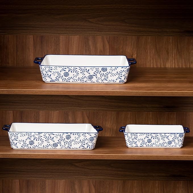 Ceramic Bakeware Set - Casserole Dish Baking Dishes for Oven - Rectangular Lasagna Pans with Handles for Kitchen Cooking - Microwave & Dishwasher Safe - Set of 3 (15.1''/13.6''/9.9'') - Blue - Image 9