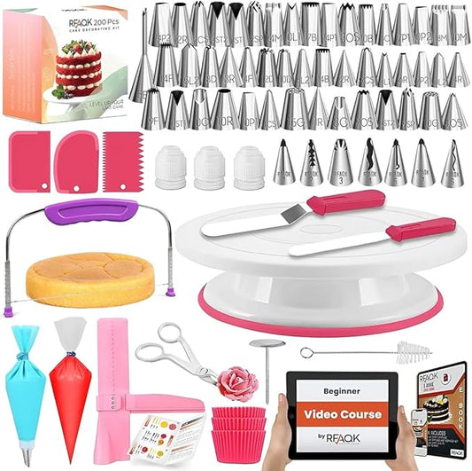 RFAQK 200PCs Cake Decorating Kit with Cake Turntable & Leveler, Baking Supplies Gift Includes 110+1 Piping Bags,55 Icing Tips,2 Frosting Spatulas, Adjustable Scraper, Video Tutorial, Booklet & more by RFAQK