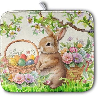Easter Egg Bunny Dish Drying Mat for Kitchen Counter Floral Flower Basket Drying Mats Absorbent Dish Pad Spring Summer Holiday Medium Dish Draining Mat 18x24 inch by Kwlegh