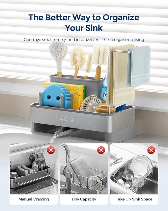 Nacial Sponge Holder for Kitchen Sink, Sink Caddy Organizer with High Brush Holder & Two Towel Racks - Rustproof 304 Stainless Steel Kitchen Countertop Storage Essentials - Gris - Image 6