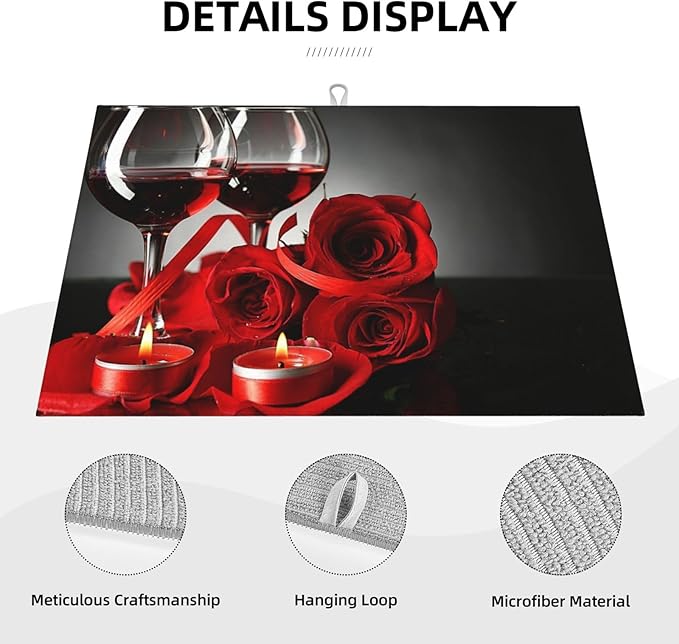 Red Wine Rose Candle Dish Drying Mat Red and Black Romantic Burgundy Blossom Floral Drying Rack Pad Countertop Dishes Ultra Absorbent Microfiber Kitchen Counter Mat 18x24 Inch