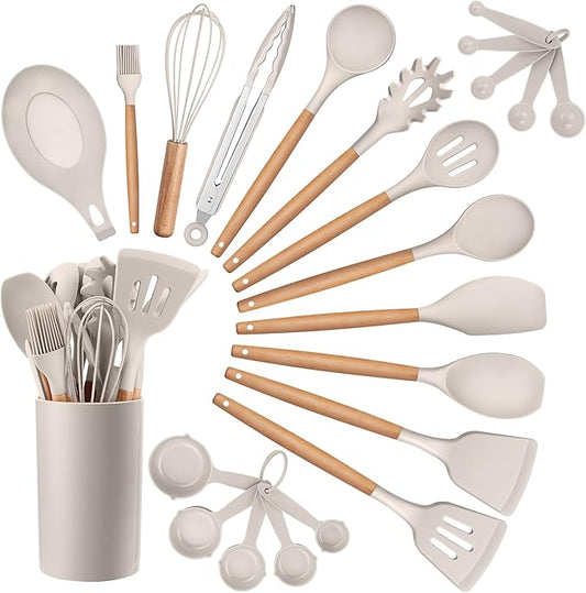 HaWare Kitchen Cooking Utensils Set, 23-Piece Silicone Kitchen Utensils Spatula Set with Holder, Heat Resistant Wooden Handle Kitchen Gadget for Nonstick Cookware, Food-grade Turner Spoon Sets (Khaki) by HaWare