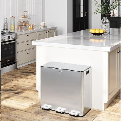 Garvee Trash Can, 15.9 gal Triple Compartments (3X20 L) Stainless Steel Kitchen Trash Can for Recycling, 5+5+5 gal Plastic Inner Buckets, Quiet Close, Brushed, Airtight, Silver by Garvee