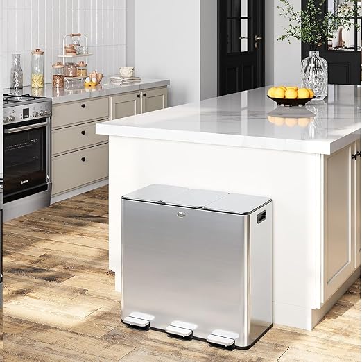 Garvee Trash Can, 15.9 gal Triple Compartments (3X20 L) Stainless Steel Kitchen Trash Can for Recycling, 5+5+5 gal Plastic Inner Buckets, Quiet Close, Brushed, Airtight, Silver by Garvee