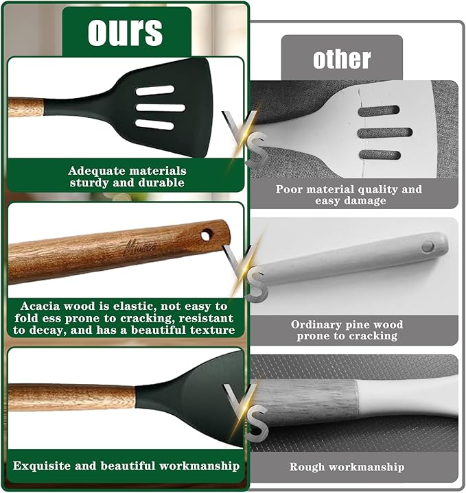 Non-Stick Silicone Cooking Utensils Set with Natural Acacia Hard Wood Handle, 5 Piece, High Heat Resistant (Green) - Image 3