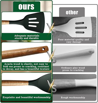 Non-Stick Silicone Cooking Utensils Set with Natural Acacia Hard Wood Handle, 5 Piece, High Heat Resistant (Green) - Image 3