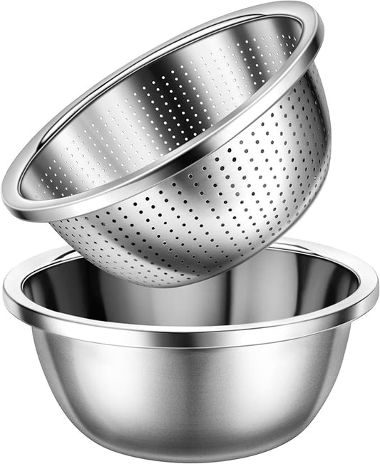 Colander 304 Stainless Steel 3-quart with Mixing Bowls, Strainer for Kitchen Food For washing vegetables, fruit, rice, Dishwasher Safe. (2PC) by Gulex