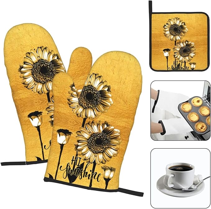 Sunflower Oven Mitts and Pot Holders Sets, Heat Resistant Gold Kitchen Oven Glove for Kitchen BBQ Baking Grilling Cooking, Sunflower Gifts for Women Cooks Bakers Cooking Lover - Image 3