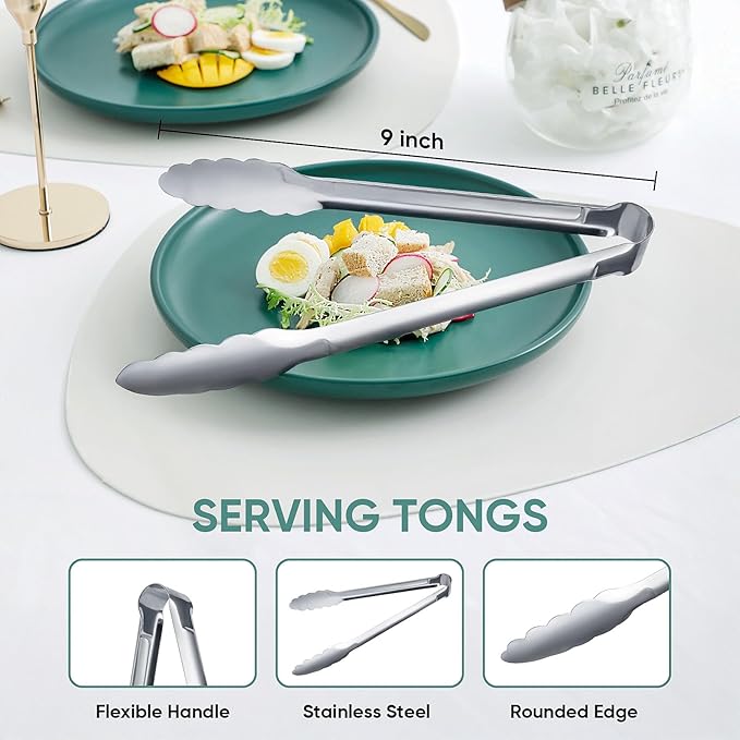 12 pieces Buffet Tongs 9'' Inches Serving Tongs Heavy Duty Stainless steel Kitchen and BBQ Utility Tong (Silver, 9inch) - Image 2